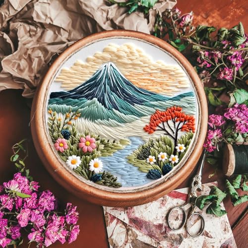 FONNUY Embroidery Kit for Beginners, Flower Hill Nature Landscape Pre-Stamped Pattern Kits for Adults with Hoop, Easy to Follow Color Thread Needlework, 8'' Hoop (Blue) - color: Blue