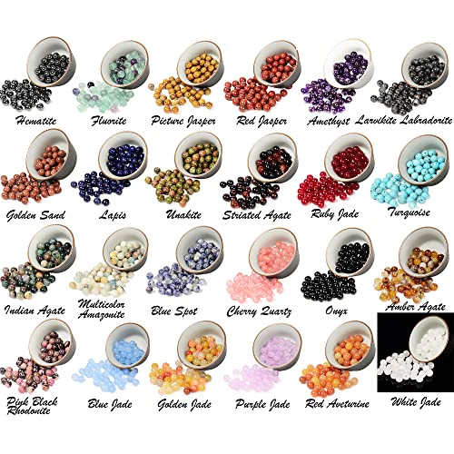 8mm Natural Mixed Materials Gemstones Beads Tiny Spacer Round Loose Beads Jewelry Making KIT with Thread 480 PCS(24 Natural, 8mm) - color: 24 Natural, size: 8mm