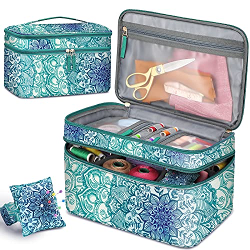 FINPAC Double-Layer Sewing Accessories Storage and Organizer Case Bag - color: Emerald Illusions