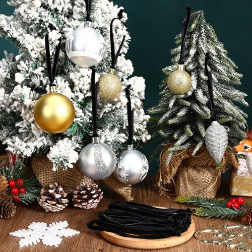 JUNEBRUSHS 120Pcs Velvet Christmas Ornament Ribbon Hangers, Hand Tied Christmas String Ribbon Loops for Ornament Hanging Tree Hanging Decorations Black - color: Black