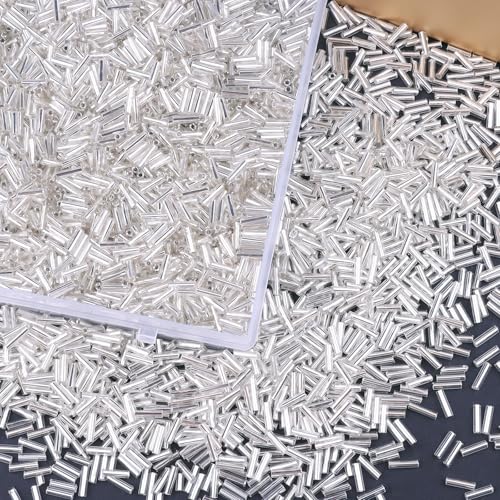 4000 Pcs Silver White Glass Bugle Beads, 2 x 7 mm Embroidery Beads, Small Long Tube Seed Beads for Embroidery Craft Jewelry Making - color: Silver White