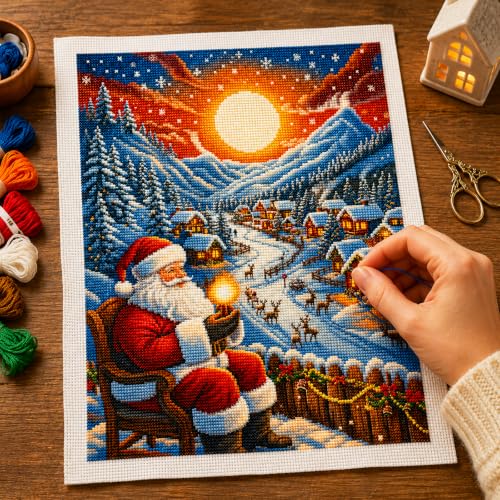 Zhenqing Christmas Santa Snowy Village Stamped Cross Stitch Kit for Beginners, 11CT Printed 28 x 38 cm Santa Claus Reindeer Moonlit Winter Landscape DIY Embroidery Set, No Hoop Needed - color: Santa’s Moonlit Snow Village
