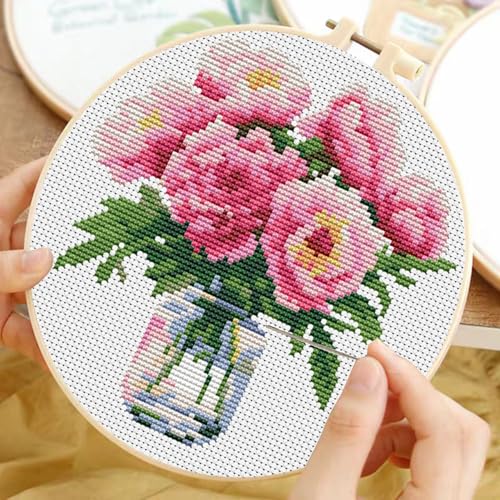TCDZMYGS 3 Pack Stamped Cross Stitch Kits for Beginners-Flower,with Hoop - color: Flower-1