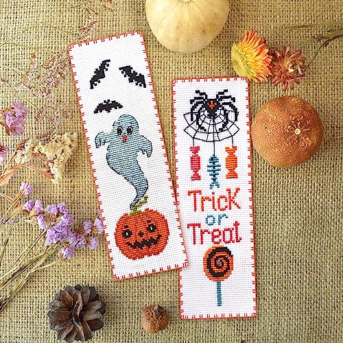 Povitrulya Counted Cross Stitch Bookmark Kit 'Pumpkin Ghost' - DIY Embroidery Set for Adults - color: Ghost