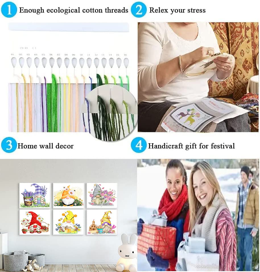 Tiwabb 6 Pack Gnome Stamped Cross Stitch Kits for Adults Beginners - color: Gnome Cross Stitch Kits