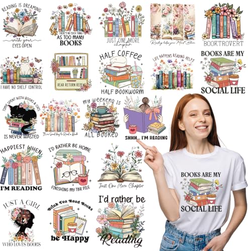 20Pcs Book Lover Dtf Transfers Ready to Press Reading Iron on Decals Patches Bookworm Vintage Flowers Heat Transfer Vinyl Stickers for Clothing Pillows Bag DIY Crafts - color: Book Lover
