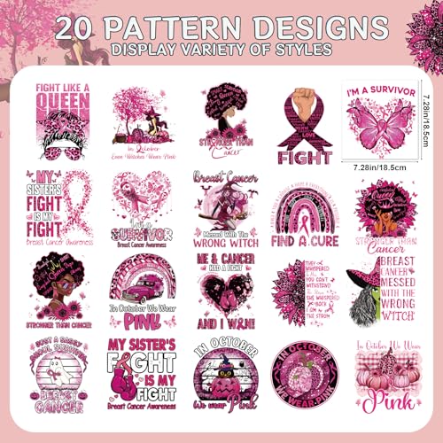 Breast Cancer Awareness Iron on Transfers - 20Pcs Falueqg Dtf Transfers Ready to Press, Pink Ribbon Halloween Iron on Decals Patches, Breast Cancer Survivors Heat Stickers for DIY Tshirts Clothes - color: Breast Cancer Awareness303