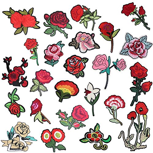 24pcs Rose Flower Embroidered Fabric Iron On or Sew On Patch Badges