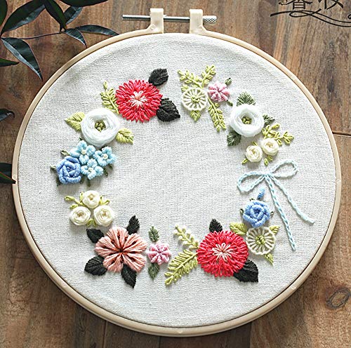 Awesocrafts Embroidery Kit, Flowers Wreath Love Plants Full Range of Embroidery Starter Kits for Beginners Adults DIY Handmade Easy Patterns (Flowers) - color: Flowers
