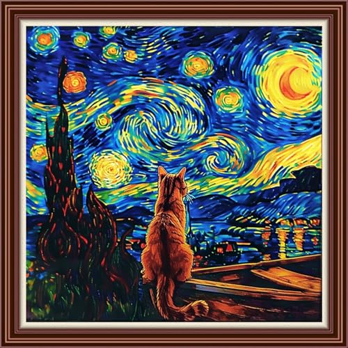 Dimensean Counted Cross Stitch Kit for Beginners, 11CT Unprinted Cross-Stitch Kit Easy Patterns Needlepoint Kit Cross Stitching Embroidery Kit Supplies-Cat Watching Van Gogh's Starry Sky 18x18 inch - color: DIYColor09