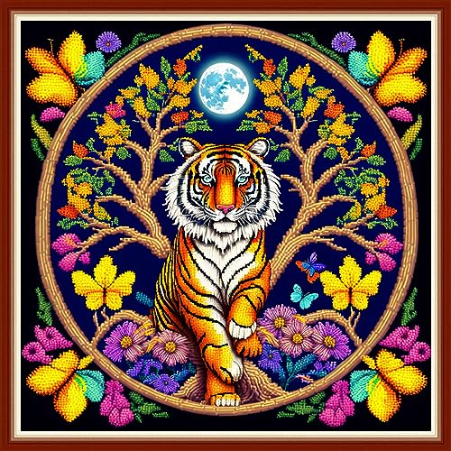 Dimensean Stamped Cross Stitch Kits Full Range of Embroidery Patterns Starter Kits for Beginners Adult DIY Cross Stitches Needlepoint Kits 11CT-Tiger Wreath 17.7x17.7 inch - color: Pattern Style 12