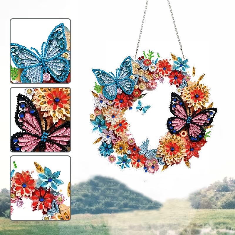 STGLCR Butterfly Diamond Art Hanging Kit for Adult Wreath, DIY Acrylic Flowers Diamonds Painting Double Sided Ornament Pendant Board Kit Floral Diamond Painting Art for Christmas Decro 9.4inch - color: 75-Butterfly Flowers Wreath