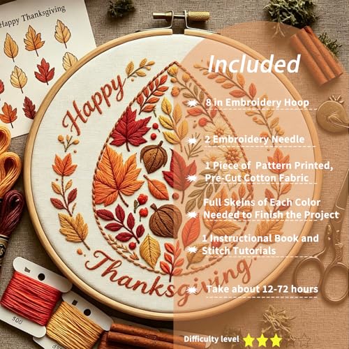 FONNUY Fall Embroidery Kit, Handmade Autumn Wreath Pre-Stamped Pattern for Beginners, Thanksgiving Harvest Home Decor, 8'' Hoop (Maple Leaves) - color: Maple Leaves