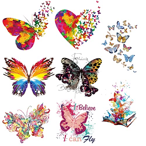 8 Large Sheets Colorful Butterfly Iron on Stickers Patches Cute Flying Animal Heat Transfer Stickers Decals DIY T-Shirt Jeans Backpacks Families Clothing Hat Decoration Applique - color: 8a, size: 8L