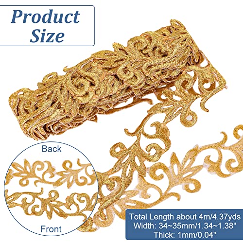 NBEADS 4.37 Yards Gold Embroidery Polyester Ribbons, 1.3 Inch Wide Adhesive Goldenrod Lace Trim Iron on Metallic Flower Lace for Sewing Costumes Gowns Home Decor Garment Accessories - color: 1.3 Inch Gold Ribbons
