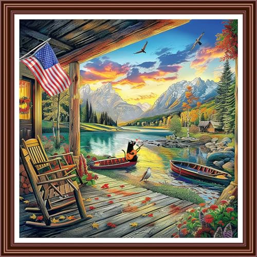 Dimensean Counted Cross Stitch Kit for Beginners, 11CT Unprinted Cross-Stitch Kit Easy Patterns Needlepoint Kit Cross Stitching Embroidery Kit Supplies-Lakeside Scenery 18x18 inch - color: ColorDIY05