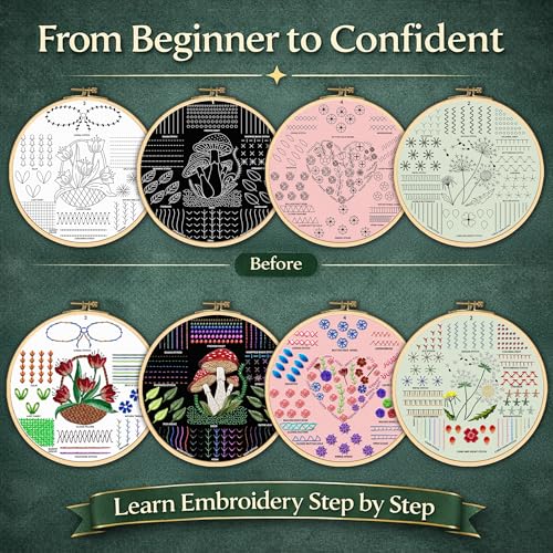 Embroidery Kit for Beginners Adults, 4 Pre-Printed Cloths, 41 Stitches - color: Beginners - Floral & Mushroom