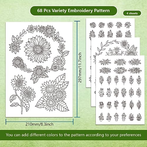 BENECREAT 4 Sheets 70PCS Stick and Stitch Embroidery Paper, Sunflower and Flower Theme Stabilizer Water Soluble Hand Sewing for Carves, Shirts, Coats, Bags, Towels - color: Sunflower and Flower