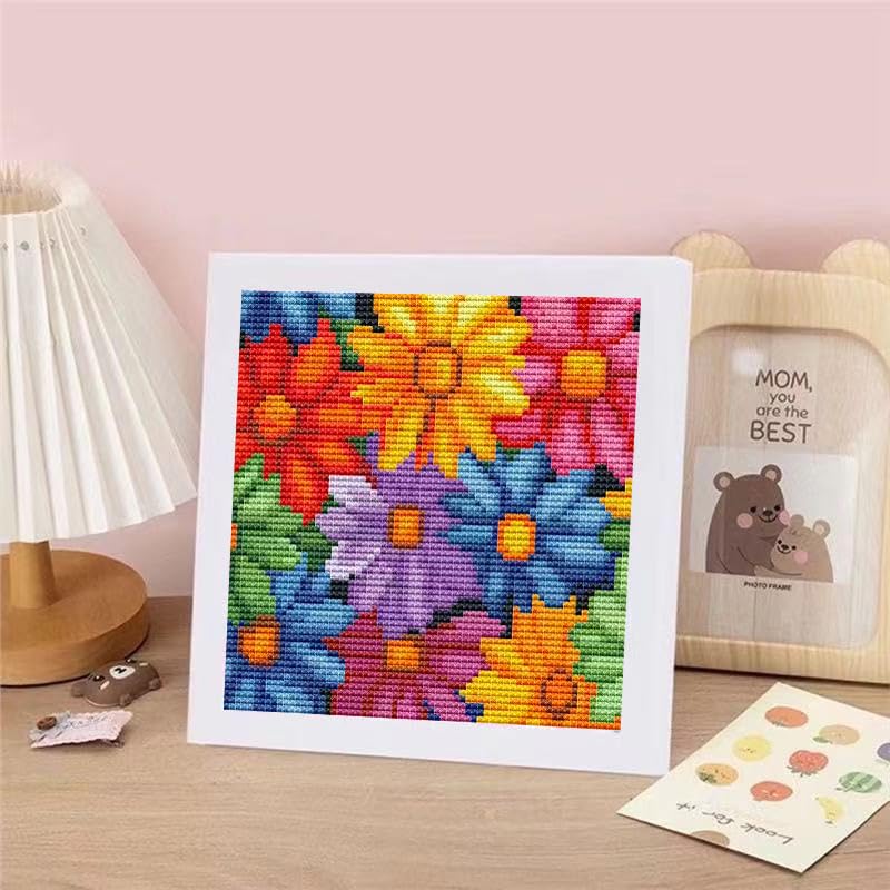 Colorful Daisies Stamped Cross Stitch Kits for Adults Beginners with Frame - color: Flowers Cross Stitch with Frame
