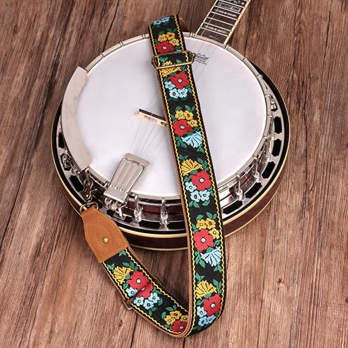 Nefelibata Banjo Strap,2"Wide Double Crazy Horse Leather Jacquard Embroidery Strap Adjustable Replacement,Multi-pattern Strap With Metal Clips - color: A#-flower Embroidery