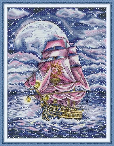 CrossNest 14CT Counted Cross Stitch Kit for Beginners, Unprinted Complete DIY Embroidery Set with Pattern & Tools, Premium Aida Cloth & Threads (The Sailboat Under the Starry Sky) - color: Pattern 04