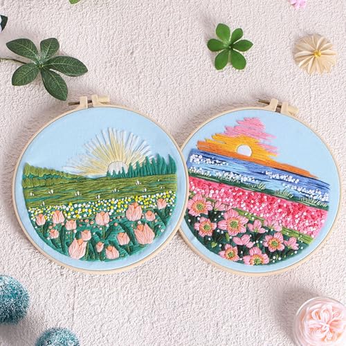 Ohcol 3 Sets Embroidery Kit,Cross Stitch Kits for Beginners,Needlepoint Kits for Adults with Landscape Floral Pattern Hand Crafts,Hoop,Needle