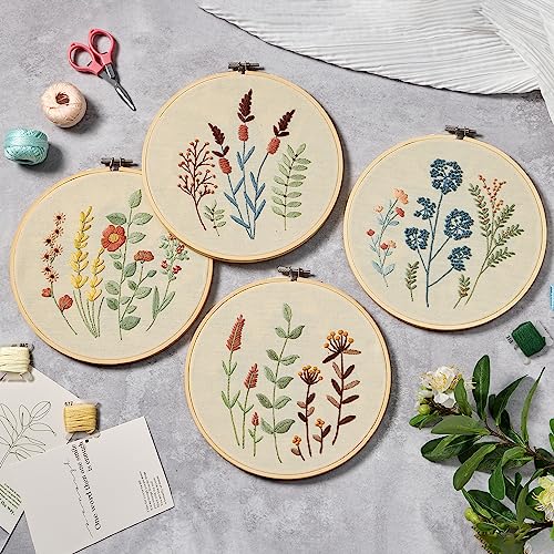 Bonroy 4 Sets Embroidery Kit for Beginners,Embroidery Kit for Art Craft Handy Sewing Include Embroidery Clothes with Pattern,Embroidery Hoops, Instructions,Color Threads Needle Kit (Multi 5) - color: Multi 5