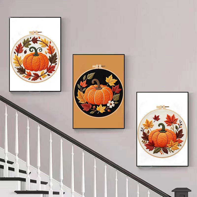 Konrisa Pumpkin Embroidery Kits, Stamped Embroidery Starter Kit for Adult with Hoop,Needlepoint Cross Stitch Kit,Set of 3 - color: yellow pumpkin