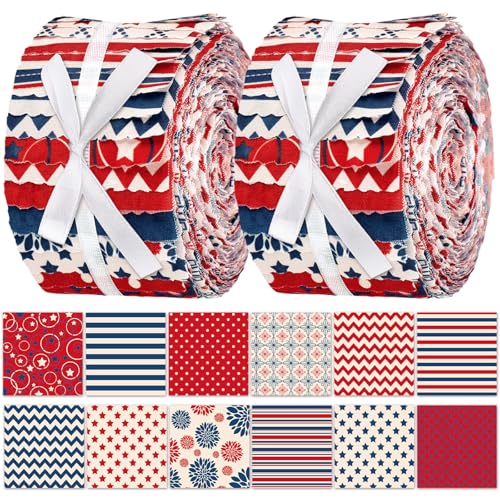 Hosuly 40 Pcs Patriotic Quilting Fabric 2.55" Red White Blue Jelly Fabric - color: 4th of July