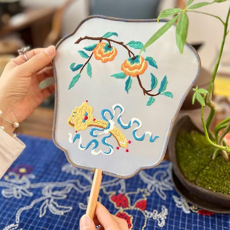 QIZUOLIFE Chinese Embroidery Fan Kit for Beginners - style: Persimmon's Lingering Charm