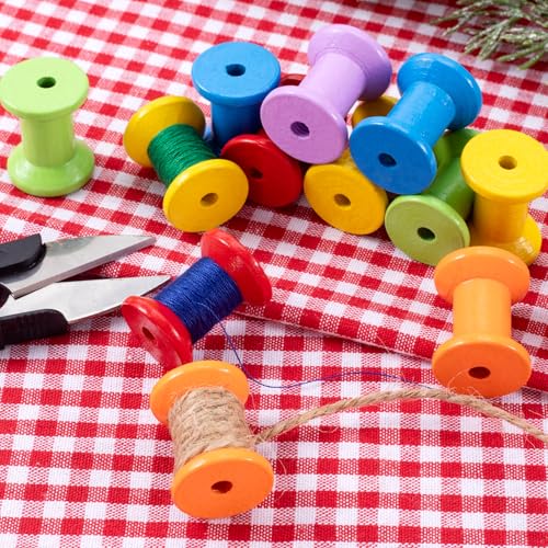 Pndeyo 10pcs Wooden Spools of Crafts, Empty Natural Wood Thread Spools, 0.98x0.75in Unfinished Wooden Textile Bobbin for Organizing Cord Twine Ribbon Chains Elastic Threads- Random Colors - color: Random Colors, 10pcs-2.5cm