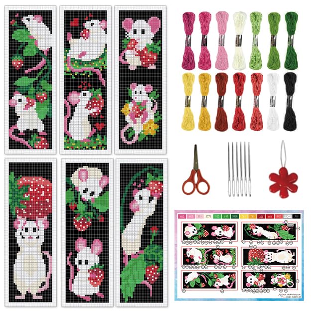 INFUNLY 6 Set White Mouse DIY Cross Stitch Bookmark Kits for Beginners Strawberry Counted Cross Stitch Kit with Instruction Cute Mice Fruit Embroidery Bookmark Kit for Book Lovers Readers Gift - style: Mice and Strawberries