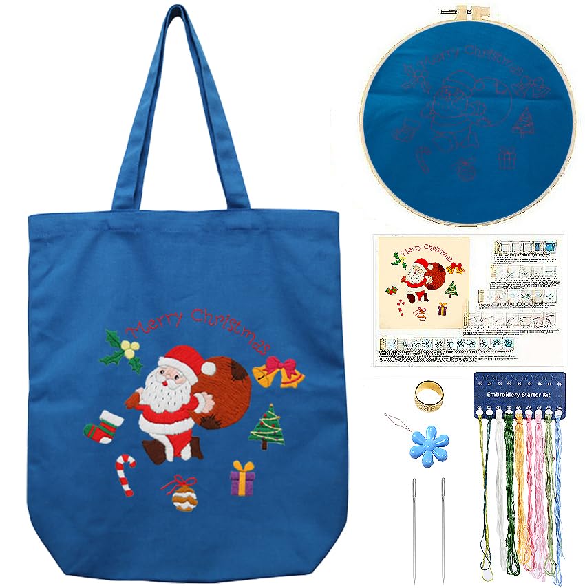 CREAWONDER Canvas Tote Bag Embroidery Kit with Pattern for Beginners, Arts and DIY Embroidery Crafts Kits for Adults, Include Instructions, Thimble, Embroidery Hoops, Color Threads and Tool - color: CR002 SantaClaus darkblue