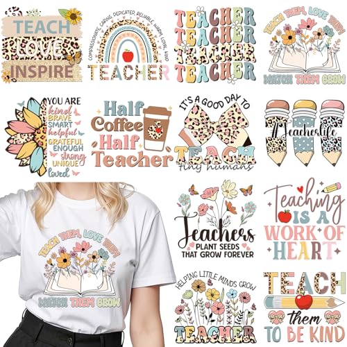 Dazoratix Teacher Iron on Transfers - 12 Sheets Teachers' Day DTF Heat Transfer Ready to Press Decals Patches Appliques Stickers Gift for Clothing T Shirts Clothes Hoodies Hat DIY Craft Decorations - style: Teacher-Leopard