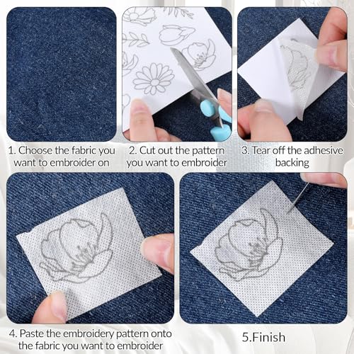 ElevateTech Embroidery Patterns Water Soluble Stabilizer for Embroidery Stick & Stitch Embroidery-Paper Wash Away Stabilizers with Pre-Printed Flower Leaves Plant Patterns for Hand Sewing, 4 Sheets