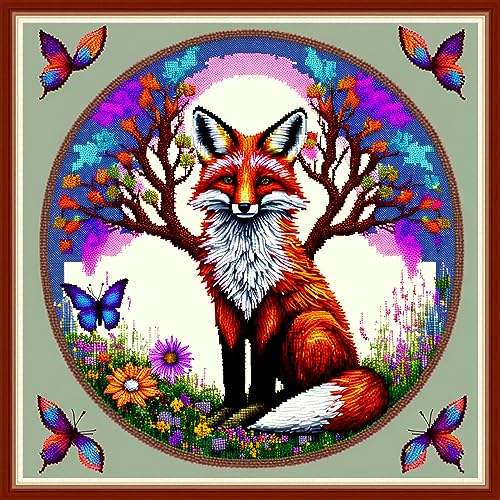 Dimensean Stamped Cross Stitch Kits Full Range of Embroidery Patterns Starter Kits for Beginners Adult DIY Cross Stitches Needlepoint Kits 11CT-Wreath Fox 17.7x17.7 inch - color: Pattern Style 06