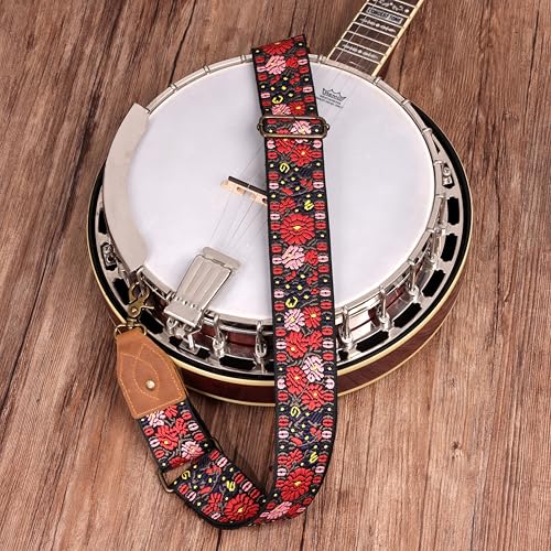 Nefelibata Banjo Strap,2"Wide Double Crazy Horse Leather Jacquard Embroidery Strap Adjustable Replacement,Multi-pattern Strap With Metal Clips - color: A#-pink Embroidery