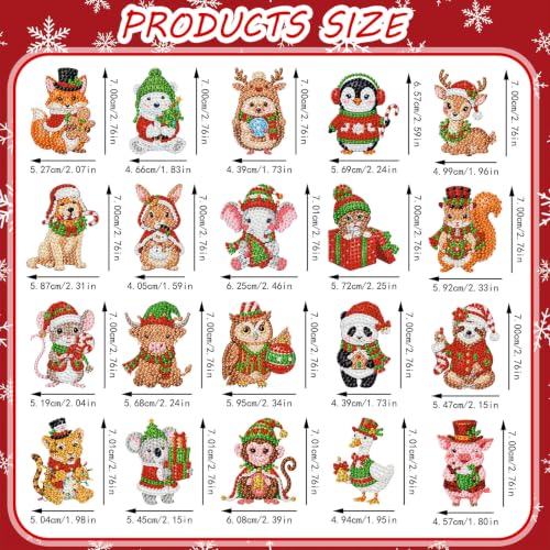 Tondiamo 20 Pcs Christmas Cute Animal Diamond Painting Keychains Kit, Xmas Cartoon Animal Ornaments DIY Diamond Art Key Pendant Set for Xmas Tree Decor Party Favors Gift - style: Animal