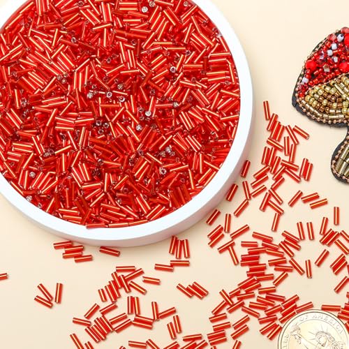 2000pcs Glass Bugle Beads, Tube Beads Bulk, Mini Long Tiny Small Waist Loose Spacer Embroidery Beaded for Bracelets Jewelry Making Sewing, Crafts, 2×6mm, Orange-Red - color: Orange-Red