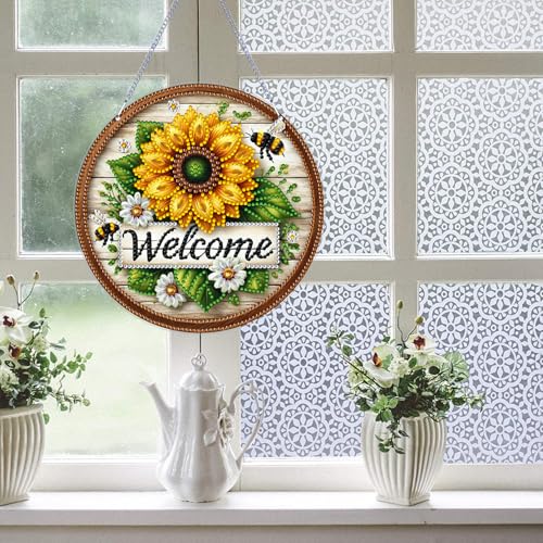 ARPADAMO Hanging Diamonds Art kit for Adult,DIY Sunflower Bee Pendant Diamonds Painting Art Kit, 7.0x7.0 inch Acrylic Diamonds Painting Board Kit Ornament, Special Crystal Diamond Hanging Ornament - color: DP02694