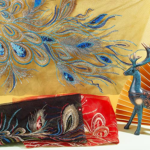 NBEADS Embroidery Lace Patches, Red Peacocks Tail Fabric Sequin Peacock Lace Applique with Paillette Sew on Patches Repair Patches for DIY Clothing Wedding Dressing Decoration - color: Red Peacocks Tail-1 Pc