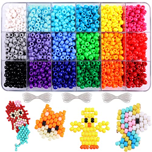 2600+pcs Pony Beads Kit 18 Color Rainbow Plastic Multicolor Pony Bead Bulk with Elastic String Hair Beads DIY Crafts Jewelry Making Kit for Bracelets Necklaces Key Chain - color: Solid Pony Beads