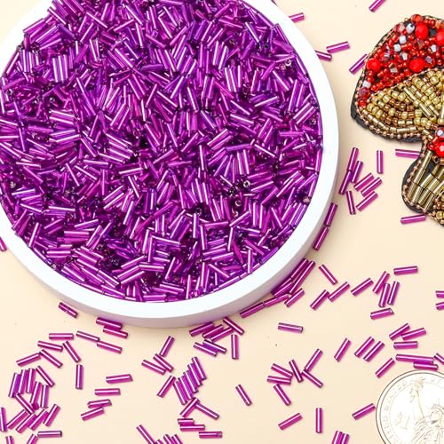 2000pcs Glass Bugle Beads, Tube Beads Bulk, Mini Long Tiny Small Waist Loose Spacer Embroidery Beaded for Bracelets Jewelry Making Sewing, Crafts, 2×6mm, Pinkish Purple - color: Pinkish Purple