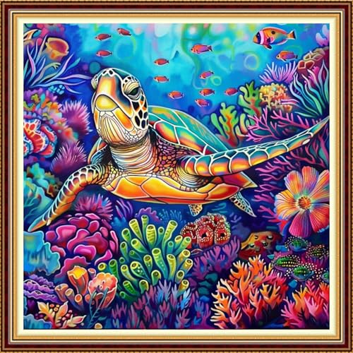 Fanxvivy Stamped Counted Cross Stitch Kits for Adults Printed Cross-Stitch Patterns 11CT Stamped or Counted Cross Stitching Embroidery Kit Needlepoint Kits-Turtle Underwater World 18x18 inch - color: Artkits14