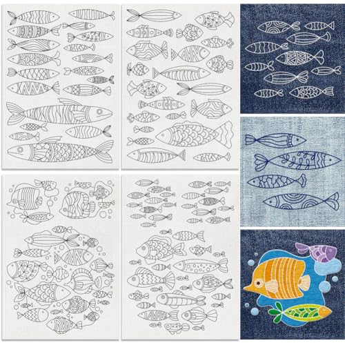 30Pcs Fish Water Soluble Hand Sewing Stabilizers, 8.3"x11.7" Sea Animal Minimalist Embroidery Pattern Stabilizer, 4 Sheets Line Fish Stick and Stitch Embroidery Paper Sticker