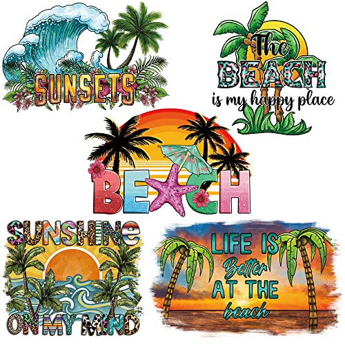 Iron on Transfers Patches for T-Shirt Clothes Decoration Summer Series Stickers Beach Coconut Trees Sea Waves Sunset Iron on Stickers Appliques Decals for Clothing Jeans Bags Pillow Covers 5PCS