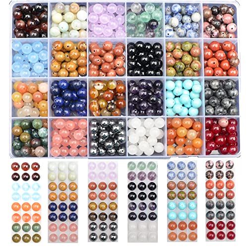 6mm Natural Mixed Materials Gemstones Beads Tiny Spacer Round Loose Beads Jewelry Making KIT with Thread 960 PCS(24 Natural, 6mm) - color: 24 Natural, size: 6mm
