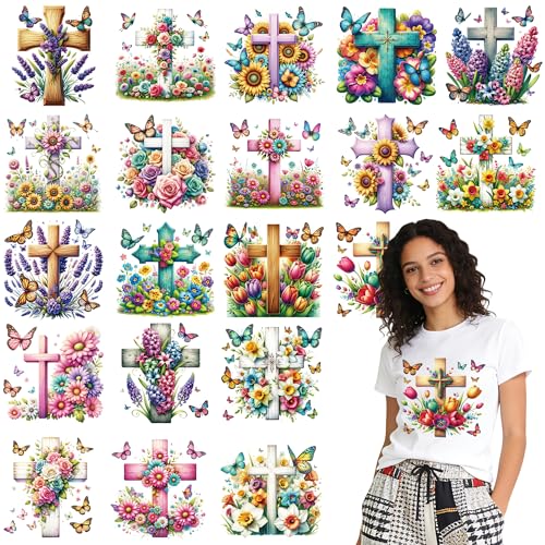 Dazoratix Floral Cross Iron on Transfers - 20 Sheets Christian Flower Butterfly DTF Ready to Press Religious Faith Heat Patches Stickers Vinyl Decals T Shirts Clothes Pillow Bag DIY Crafts Decorations - style: Floral Cross