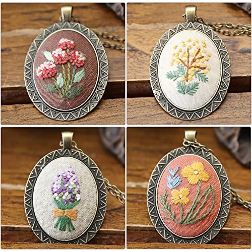 ZOCONE 4 Packs Embroidery Necklace Kits, Embroidery Pendant Kit Mini Cross Stitch Kit with 4 Hoops, Necklace, Pendant, Stamped Pattern Cloth, Instructions, etc., Embroidery Kits for Adults - color: 4 Packs-B