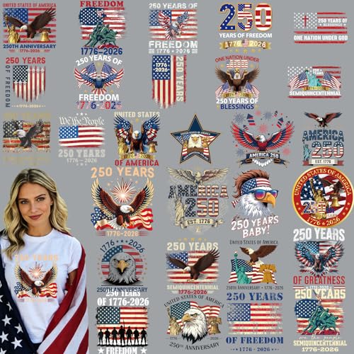 Dazoratix 250th Anniversary Iron on Transfers - 28 Sheets 4th of July Patriotic America DTF Ready to Press 250 Years Eagle USA Flag Heat Patches Stickers Vinyl Decal for T Shirts Clothes Bag DIY Craft - style: 250th Anniversary